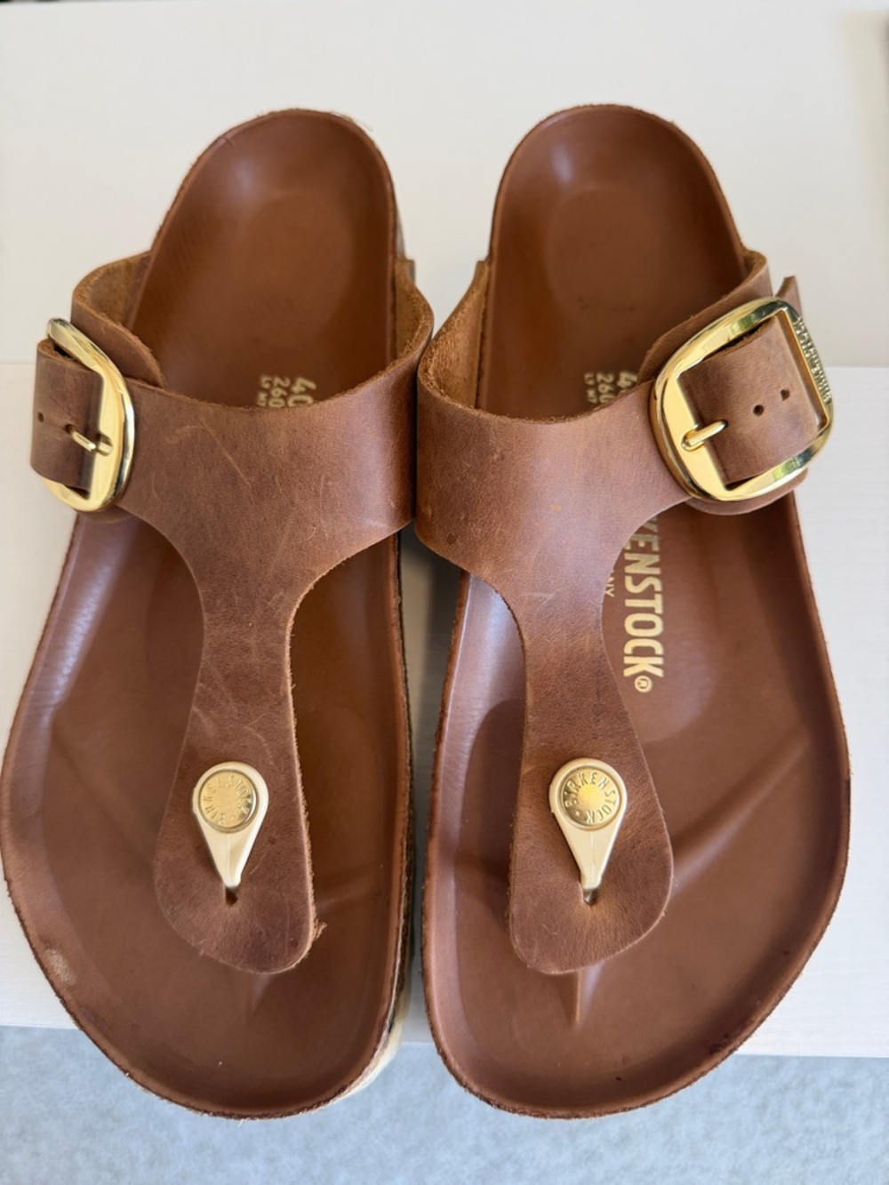 Birkenstock Brown Leather Thong Sandals with Gold Buckles